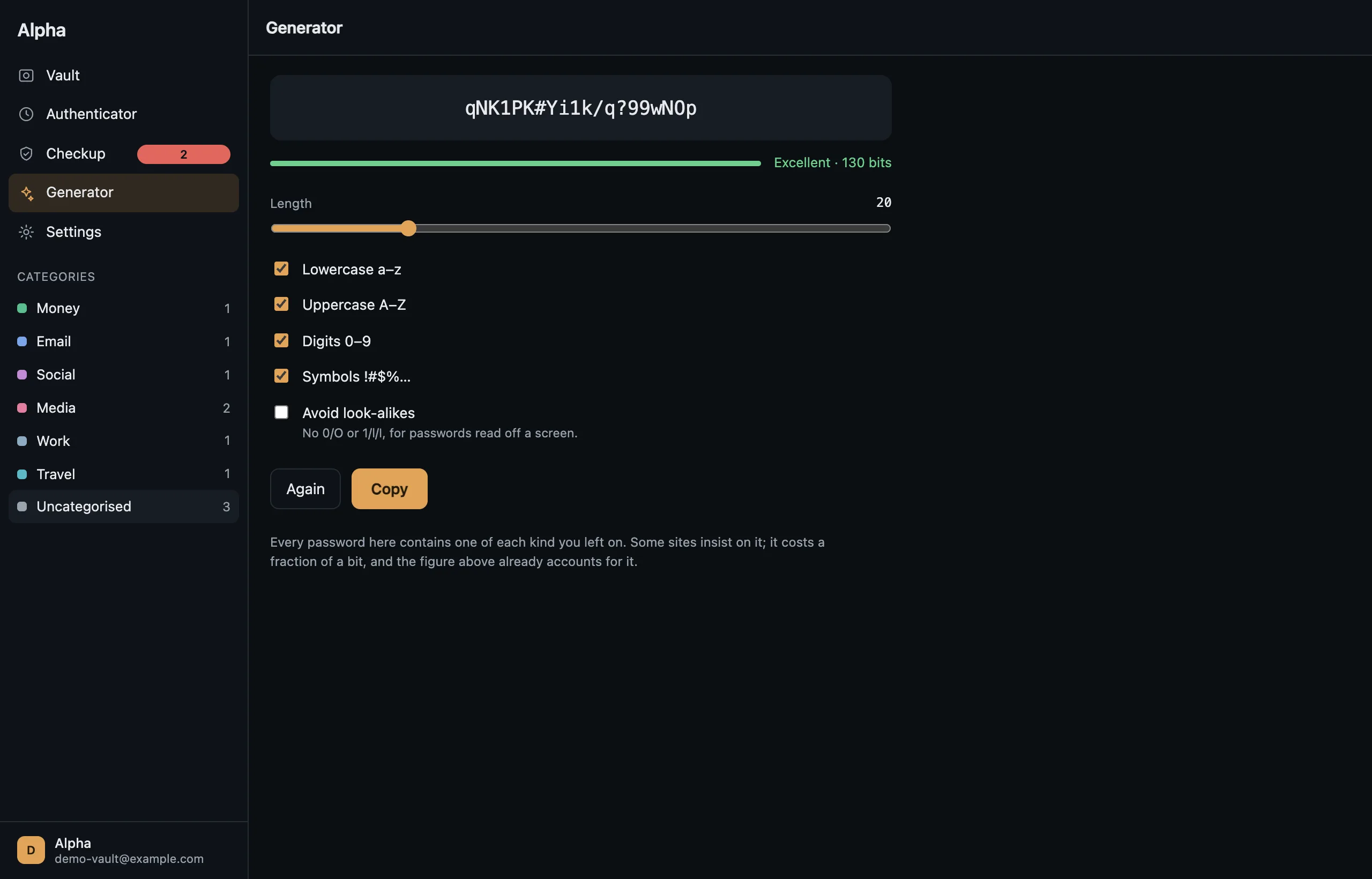 The generator: a password, a strength bar, and the honest bit count.