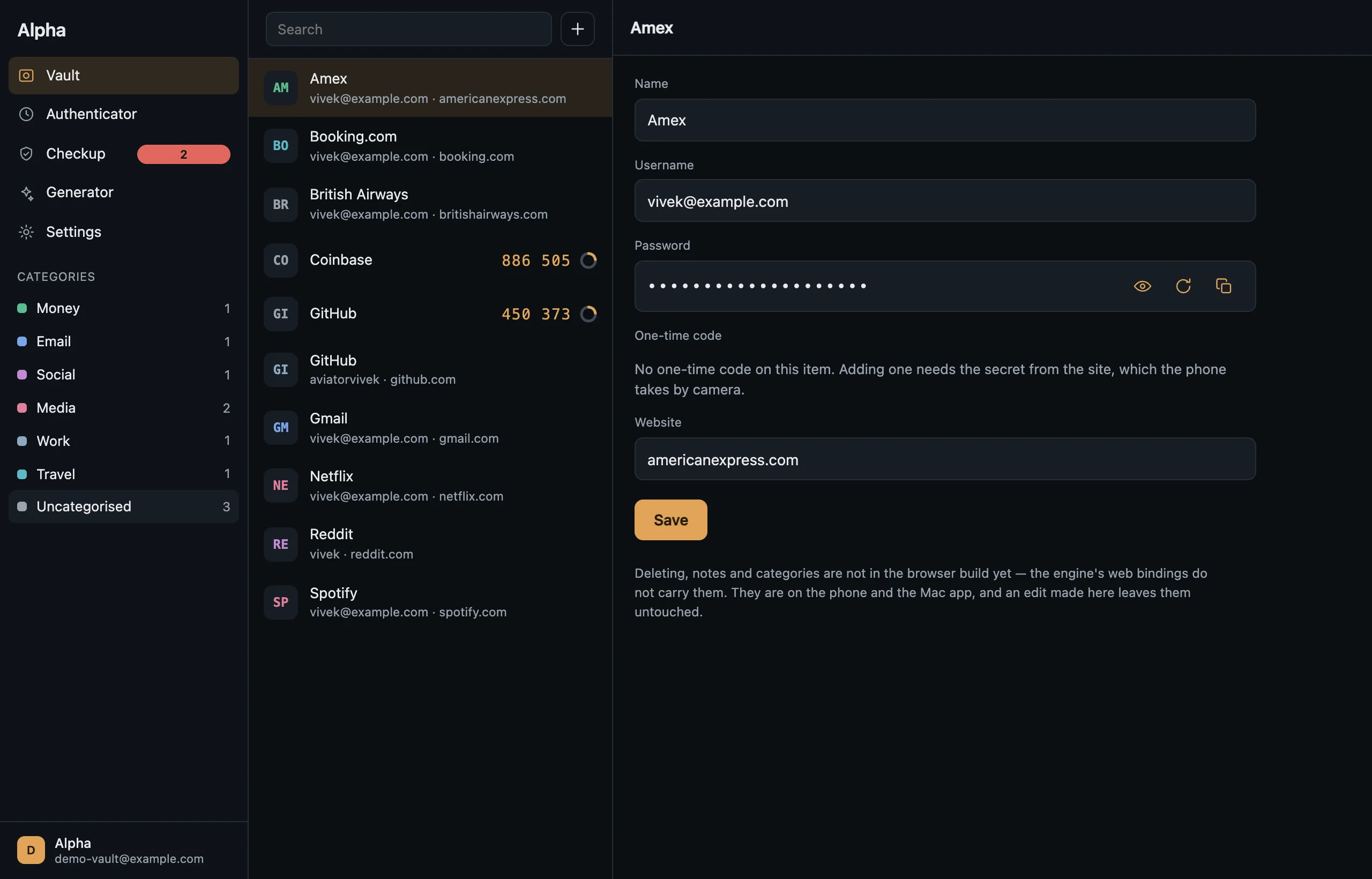 Alpha on a laptop: the rail, the item list, and one item open.